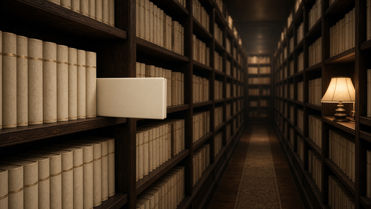 A library aisle of bound cream volumes